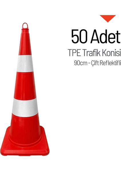 50 Adet Tpe Trafik Konisi 90 Cm Çift Reflektifli Trafik Dubası Seti