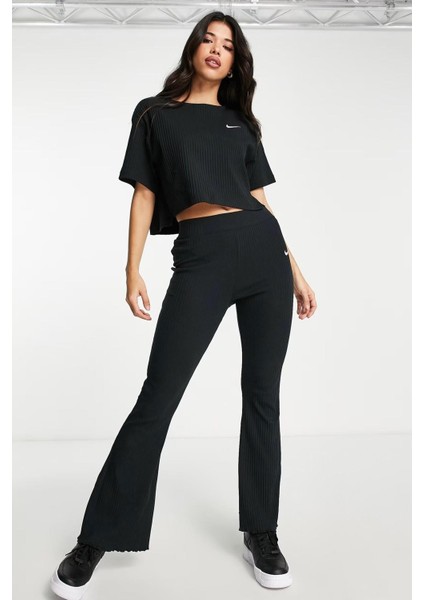 Sportswear Rib Jersey Black Yüksek Belli Fitilli Kadın Siyah Eşofman Altı