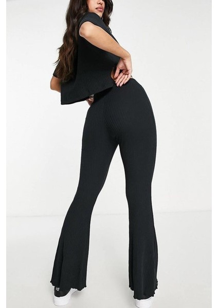 Sportswear Rib Jersey Black Yüksek Belli Fitilli Kadın Siyah Eşofman Altı fiyatları