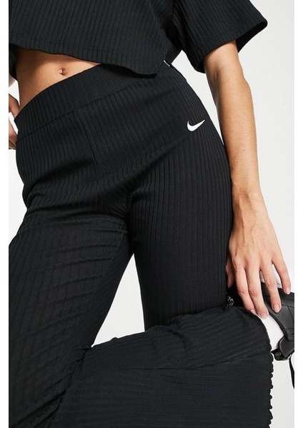 Sportswear Rib Jersey Black Yüksek Belli Fitilli Kadın Siyah Eşofman Altı modelleri