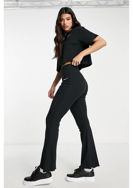 Sportswear Rib Jersey Black Yüksek Belli Fitilli Kadın Siyah Eşofman Altı fırsatları