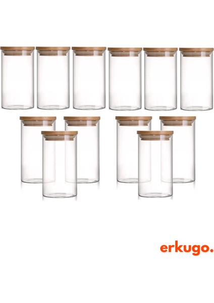 12 Adet Vakumlu Bambu Kapaklı Borosilikat Baharatlık, Saklama Kabı, Çerezlik (200 Ml) Jarpot