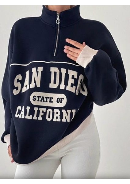 Biye Detaylı Baskılı Yarım Fermuar Sweatshirt