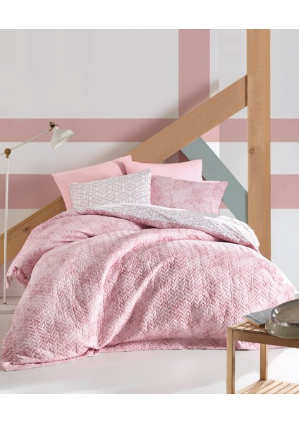 Ranforce Pembe Tek Kişilik Complete Set Minimal Geometrik Desenli Nevresim Takımı