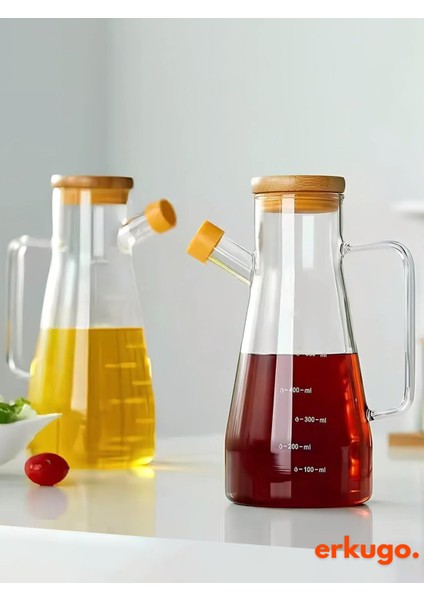2 Adet Vakumlu Bambu Kapaklı Borosilikat Yağdanlık, Zeytinyağı Sıvıyağ Şişesi, Yağlık (900 Ml) Oilpot