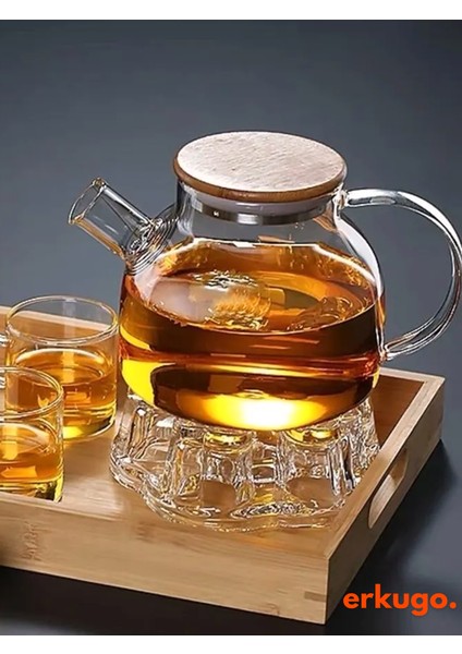 Vakumlu Bambu Kapaklı Isıya Dayanıklı Borosilikat Cam Demlik, Süzgeçli Demlik (1000 Ml) Teapot