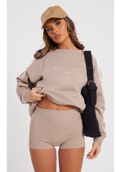 Taupe Miami Işlemeli Sweatshirt