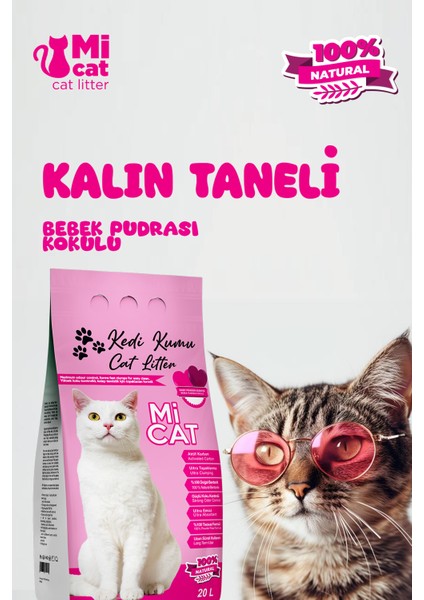 Mi Cat Kalın Taneli Tozsuz 20 Litre Bebek Pudrası Kokulu Kedi Kumu Aktif Karbonlu Süper Topaklanan