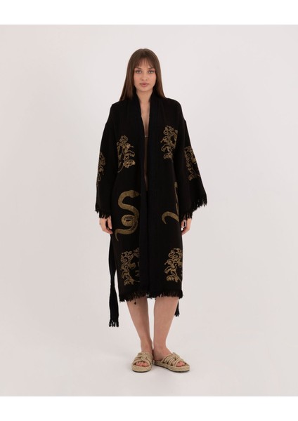Krizantem Bornoz ,plaj Kıyafeti,kimono , Kaftan ,sabahlık Siyah Kumaş Altın Renkli Medusa Baskılı