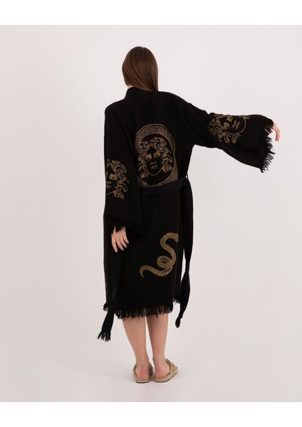Krizantem Bornoz ,plaj Kıyafeti,kimono , Kaftan ,sabahlık Siyah Kumaş Altın Renkli Medusa Baskılı