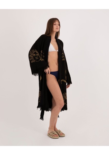 Krizantem Bornoz ,plaj Kıyafeti,kimono , Kaftan ,sabahlık Siyah Kumaş Altın Renkli Medusa Baskılı