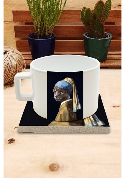 Kediler ve Sanat / Johannes vermeer Inci Küpeli Kız Set 4 - Fincan Kupa-Taş Bardak Altlığı 1