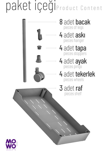 Mowo Home Mowo 3 Katlı Tekerlekli Mutfak Rafı, Banyo Rafı, Kitaplık, Düzenleyici Açık Dolap