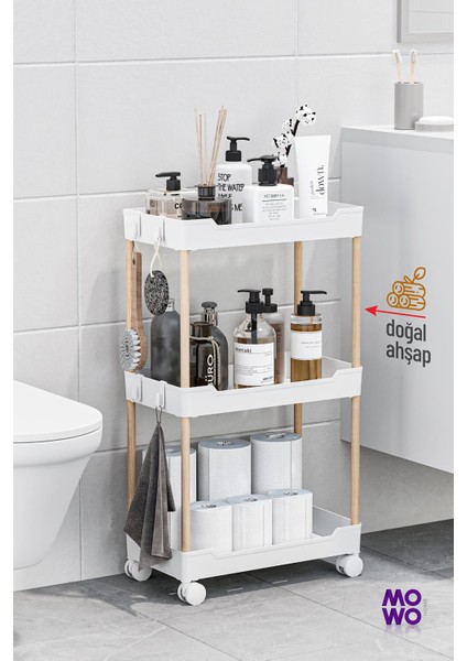 Mowo 3 Katlı Tekerlekli Mutfak Rafı, Banyo Rafı, Kitaplık, Düzenleyici Açık Dolap