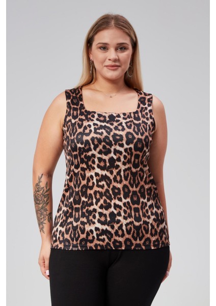 Büyük Beden Leopar Desen Kare Yaka Kolsuz Bluz