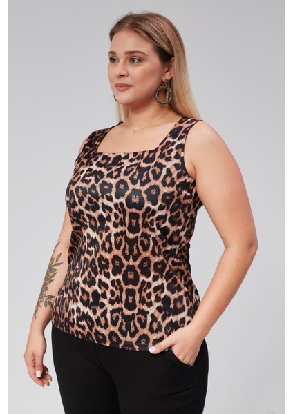 Büyük Beden Leopar Desen Kare Yaka Kolsuz Bluz indirimleri