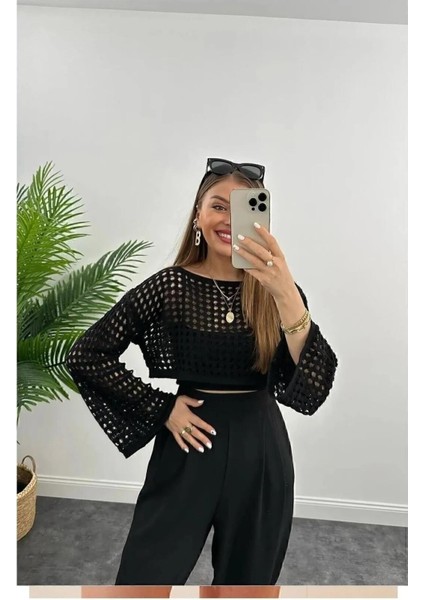 Siyah Renk Ajurlu Triko Crop Kadın Bluz fiyatları