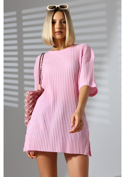 Oversize Yırtmaçlı Raporlu Tunik T-Shirt 21493 Pembe