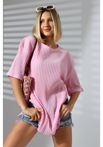 Oversize Yırtmaçlı Raporlu Tunik T-Shirt 21493 Pembe fiyatları