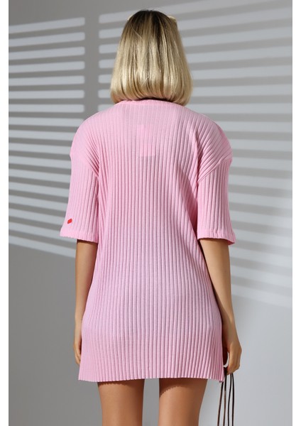 Oversize Yırtmaçlı Raporlu Tunik T-Shirt 21493 Pembe fırsatları
