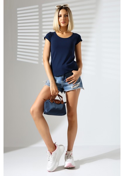 Arkası Çapraz Biye Detaylı U Yaka Penye Kompakt Likralı Kısa Kol T-Shirt 21218 Lacivert