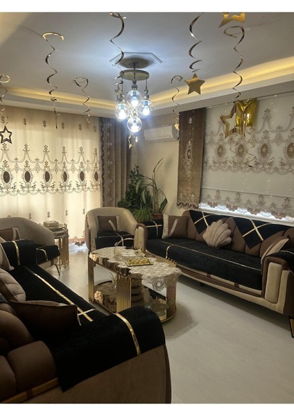 Yeni Moda Lüks Kadife Süngerli Koltuk Çekyat Örtüsü (12 Parça Takım 3,3,1,1) Siyah