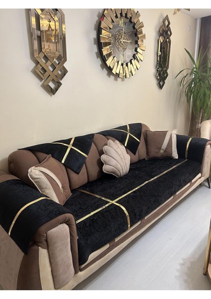 Yeni Moda Lüks Kadife Süngerli Koltuk Çekyat Örtüsü (12 Parça Takım 3,3,1,1) Siyah fiyatları