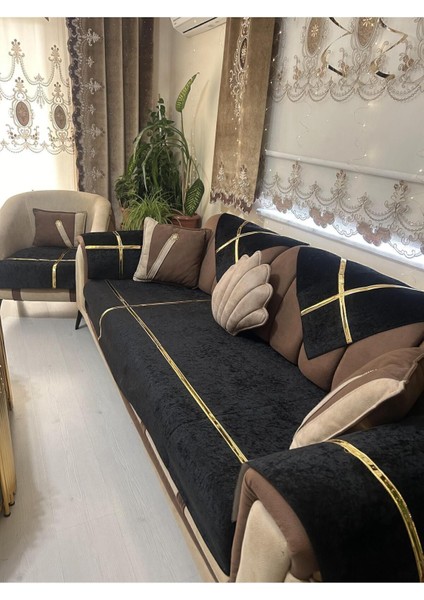 Yeni Moda Lüks Kadife Süngerli Koltuk Çekyat Örtüsü (12 Parça Takım 3,3,1,1) Siyah modelleri