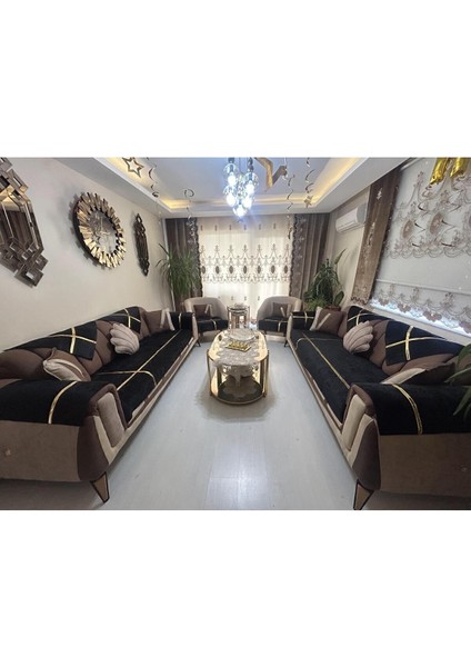 Yeni Moda Lüks Kadife Süngerli Koltuk Çekyat Örtüsü (12 Parça Takım 3,3,1,1) Siyah fırsatları