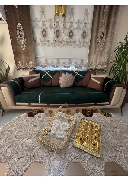 Yeni Moda Lüks Kadife Süngerli Koltuk Çekyat Örtüsü (12 Parça Takım 3,3,1,1) Yeşili Rengi modelleri