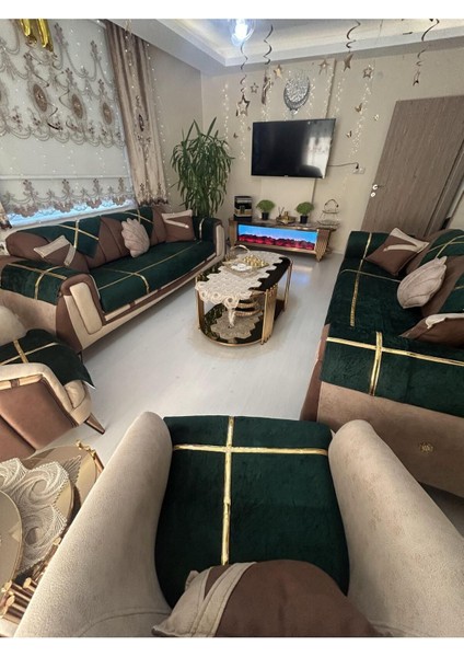 Yeni Moda Lüks Kadife Süngerli Koltuk Çekyat Örtüsü (12 Parça Takım 3,3,1,1) Yeşili Rengi fırsatları