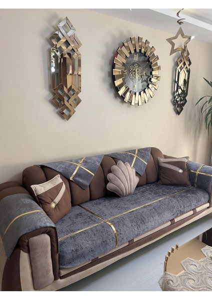 Yeni Moda Lüks Kadife Süngerli Koltuk Çekyat Örtüsü (12 Parça Takım 3,3,1,1) Koyu Gri