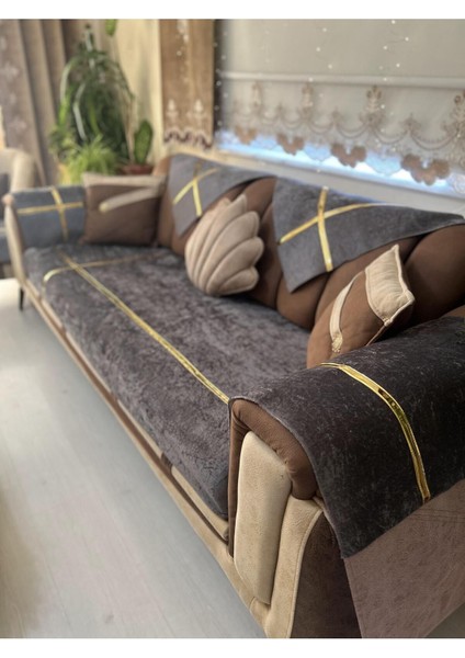Yeni Moda Lüks Kadife Süngerli Koltuk Çekyat Örtüsü (12 Parça Takım 3,3,1,1) Koyu Gri fiyatları