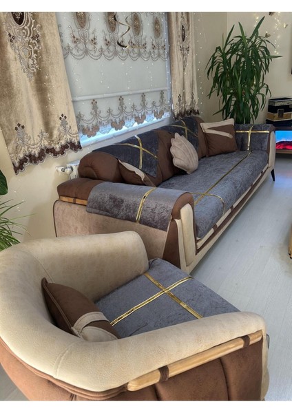 Yeni Moda Lüks Kadife Süngerli Koltuk Çekyat Örtüsü (12 Parça Takım 3,3,1,1) Koyu Gri modelleri