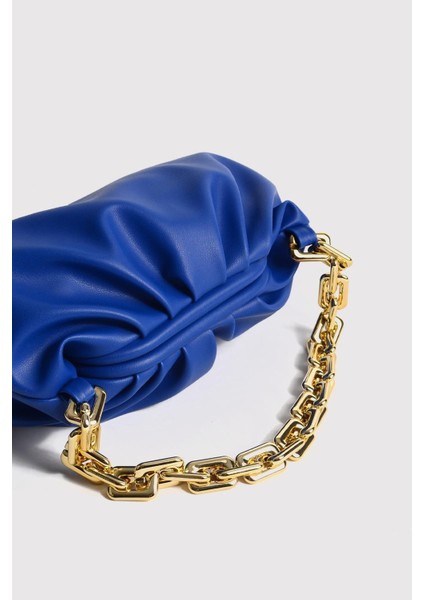 Saks Mavi Pouche Gold Zincirli El ve Omuz Çantası