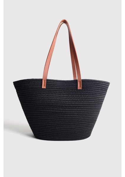 Siyah Taba Dokuma Kumaş Büyük Omuz Çanta