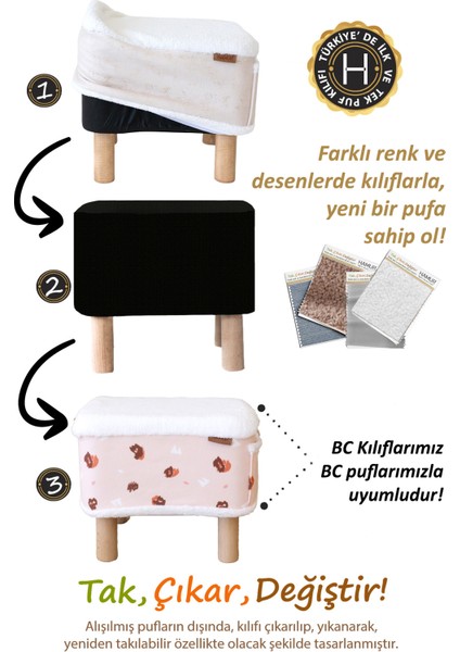 Yıkanabilir Puf Tabure Kılıfı Tak-Çıkar-Değiştir-Yenile Orta Sehpa Kılıfı Bb Solid Bej