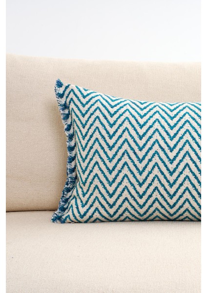Zig Zag Desenli Turkuaz / Bej Kırlent Kılıfı
