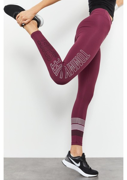 Bordo Yüksek Bel Yazı Baskılı Slim Fit Dar Paça Kadın Tayt - 94544