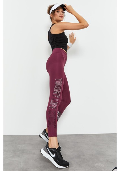 Bordo Yüksek Bel Yazı Baskılı Slim Fit Dar Paça Kadın Tayt - 94544