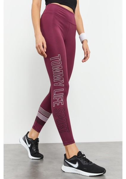 Bordo Yüksek Bel Yazı Baskılı Slim Fit Dar Paça Kadın Tayt - 94544