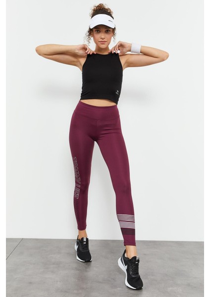 Bordo Yüksek Bel Yazı Baskılı Slim Fit Dar Paça Kadın Tayt - 94544