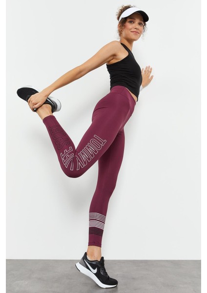 Bordo Yüksek Bel Yazı Baskılı Slim Fit Dar Paça Kadın Tayt - 94544