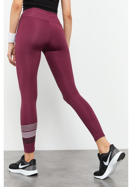 Bordo Yüksek Bel Yazı Baskılı Slim Fit Dar Paça Kadın Tayt - 94544