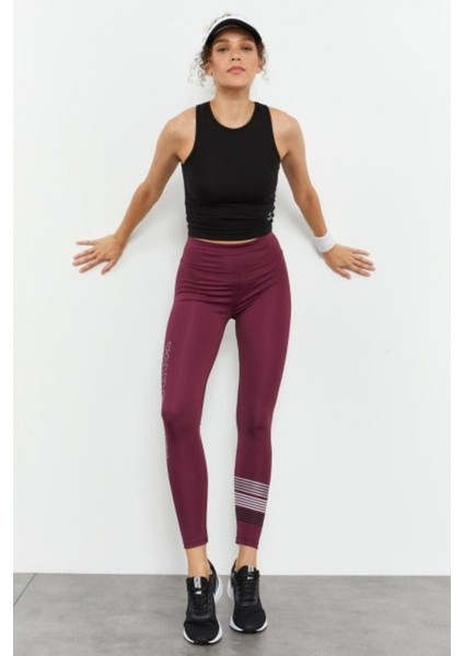 Bordo Yüksek Bel Yazı Baskılı Slim Fit Dar Paça Kadın Tayt - 94544