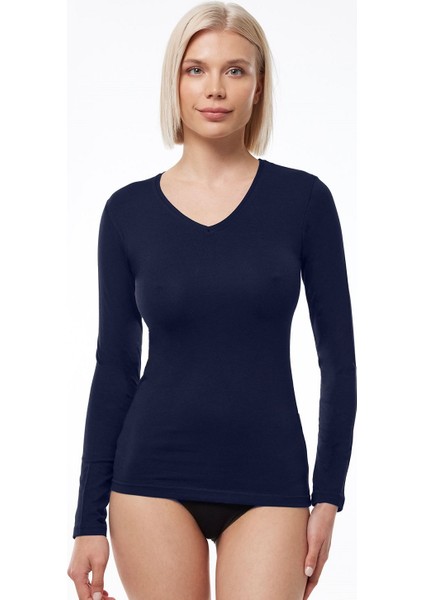 181 Kadın Modal V Yaka Uzun Kol Body