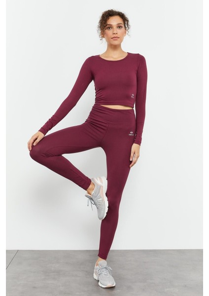 Bordo Yüksek Bel Uzun Kollu Slim Fit Crop Top Kadın Tayt Takım - 95286