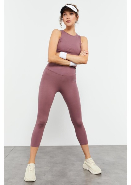 Gül Kurusu Yüksek Bel Kapri-Crop Atlet Slim Fit Kadın Tayt Takım - 95284