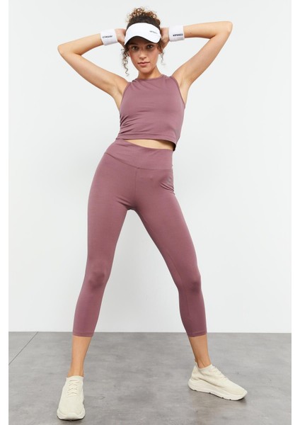 Gül Kurusu Yüksek Bel Kapri-Crop Atlet Slim Fit Kadın Tayt Takım - 95284