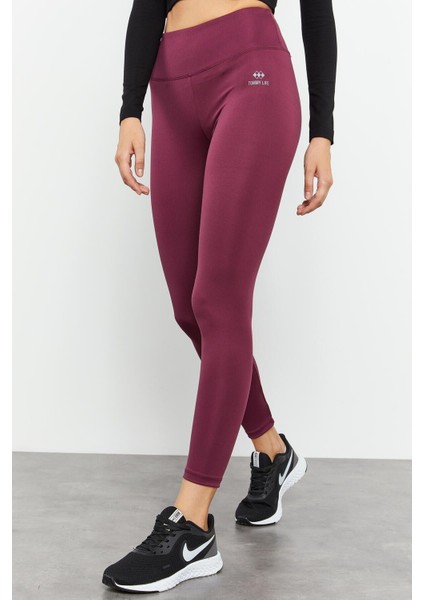 Bordo Yüksek Bel Streç Slim Fit Dar Paça Kadın Tayt - 94545